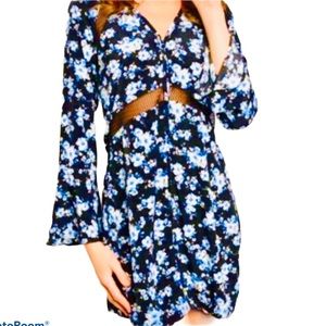 Floral Print Mini Dress Mesh Bell Sleeve Black Blue Vented Small Sugar+Lips